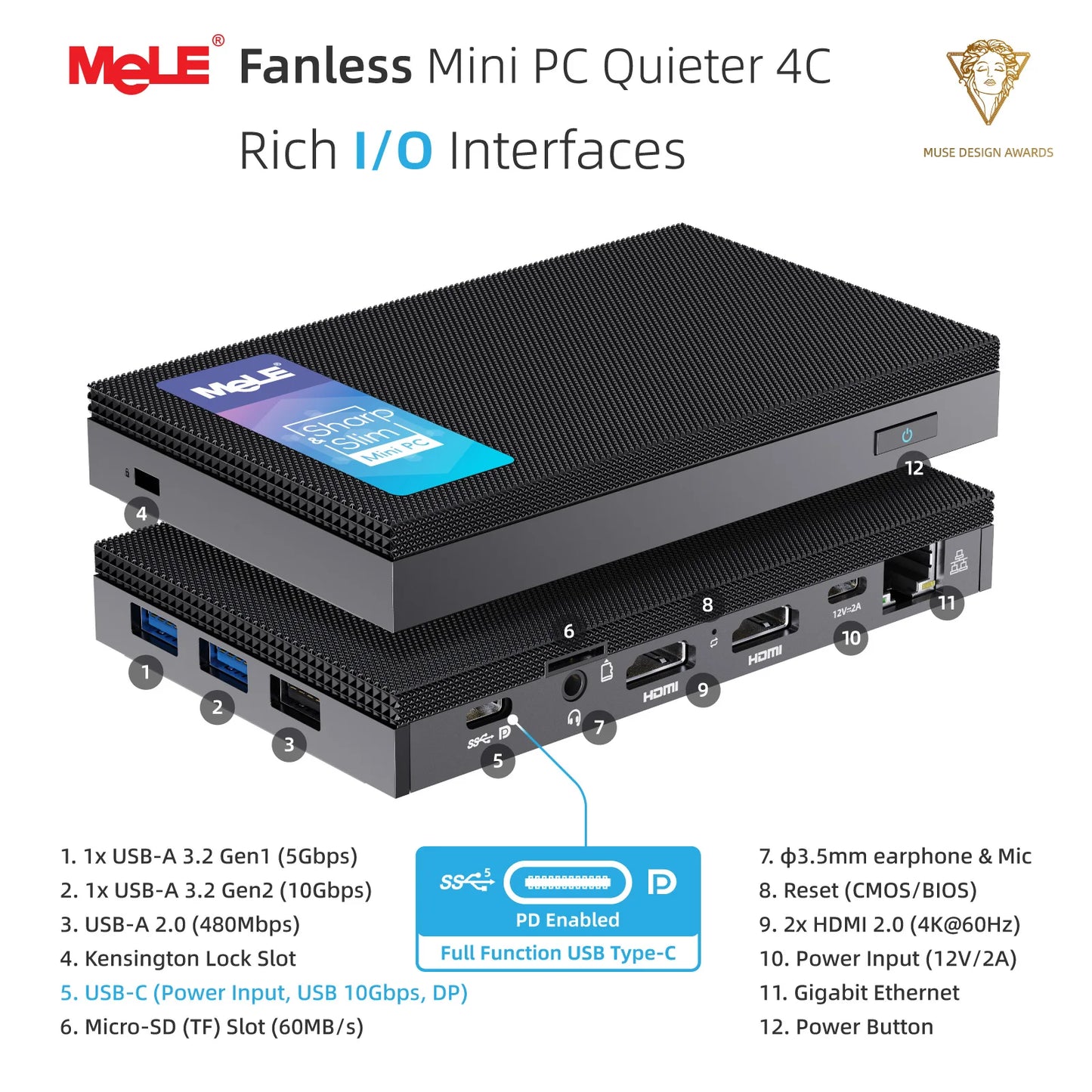 MeLE Quieter4C Fanless Mini PC N150 8GB 256GB,Industrial Slim Micro Computer, 4K Triple Display, Dual HDMI, USB-C, WiFi 5, BT5.1