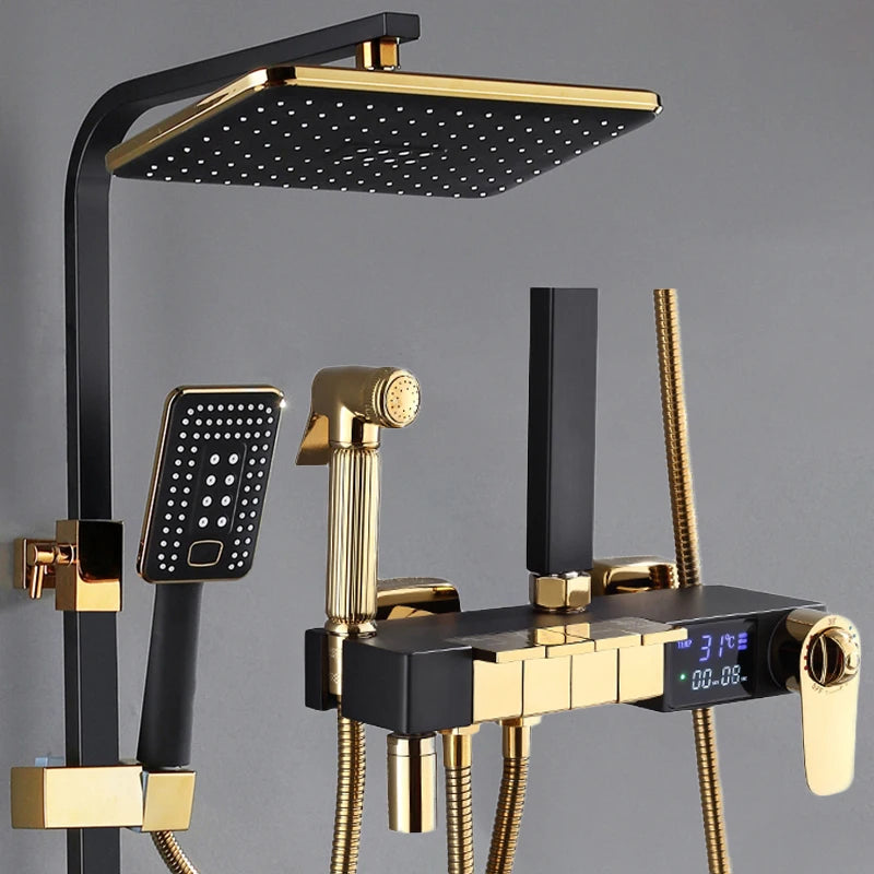 Gold Piano Digital Display Bathroom Shower Set Brass Bathroom Faucet Accessories Thermostatic Digital Bathroom Shower System