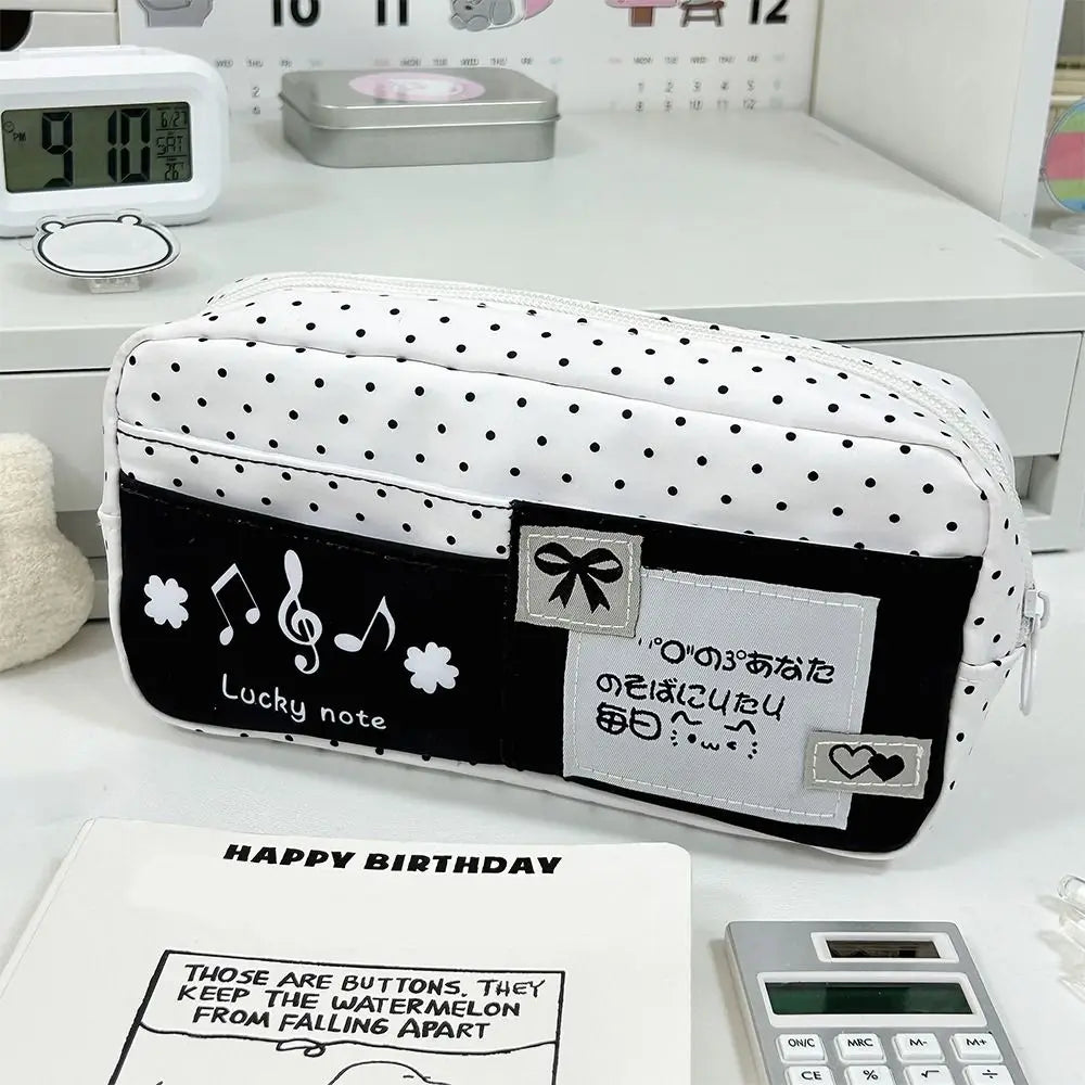 Multi-functional Black Polka Dot Pen Bag Large Capacity Multi-layer Pencil Case Portable Stationery Pouch Back To School