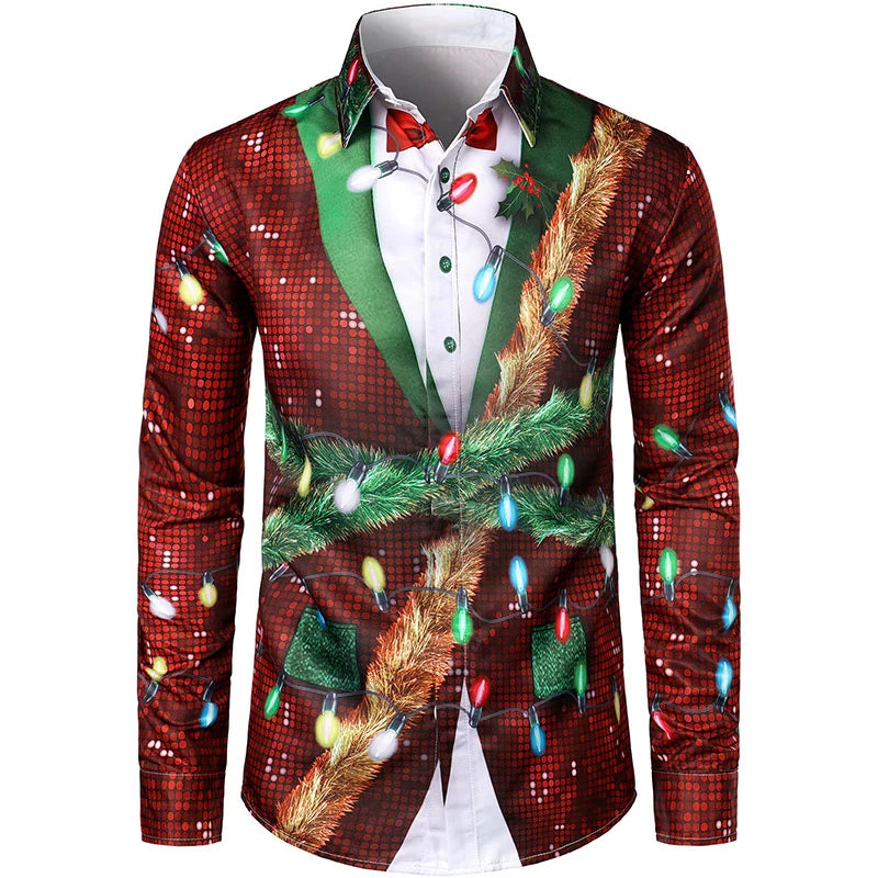 2026 Merry Christmas Lapel Blouse Funny Santa Claus Cosplay Graphic Long Sleeve Shirts For Men Clothes Bachelor Party Fake Suit