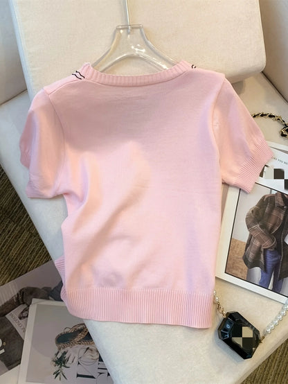 Women'S Casual Summer Top Pink Knit V-Neck with Button Details All-Season Style Casual Wear Vneck Top Knit Texture Crop Top
