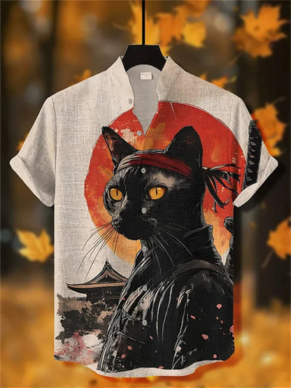 Men's short-sleeved shirt with cat and dinosaur print, casual and stylish vacation-style men's top, fashionable Hawaiian design.