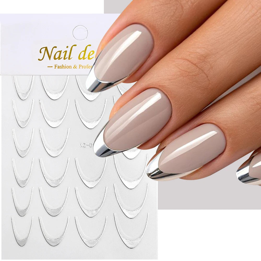 3D Gold Stamping V-Shaped French Tips Nail Art Stickers Retro Metal French Line Nail Decals Chrome Curved Strip Nail Decoration