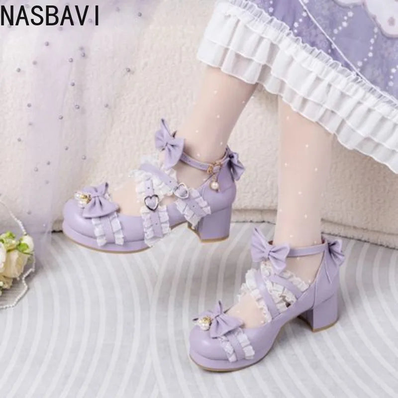 NASBAVI White Lace Bow Cosplay High Heels Women Cross Strap Buckle Platform Mary Jane Shoes Female Party Princess Lolita Pumps