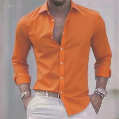 Solid Color Men's Casual White Shirt, Fashionable Casual Long Sleeve Stretch Fabric, Business Formal Shirt, Comfortable Fabric