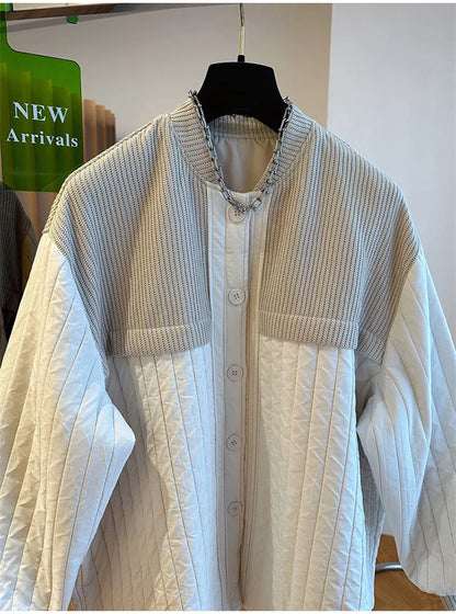 Women Autumn Advanced Design Sense, Niche Loose Casual Knit Stitching, Striped Cotton Coat Winter Light Thin Small Cotton Jacket