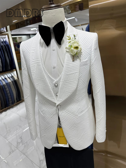 24H Ship High Quality Wedding Suit Set for Groom 3 Pieces Men's Fashion Suits One Button Shawl Neck Blazer Jacket Vest Pants