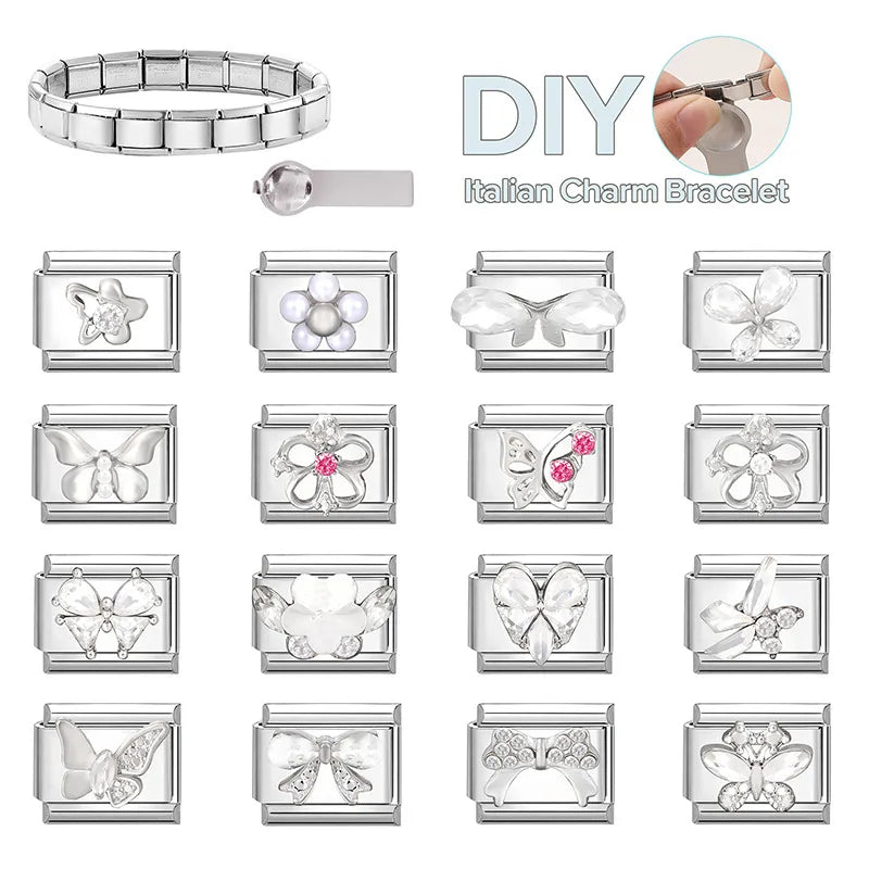 New Shiny Zircon Heart Butterfly Flower Star Bow Italian Charm Links Fit 9MM Stainless Steel Bracelet Girls' DIY Making Gift