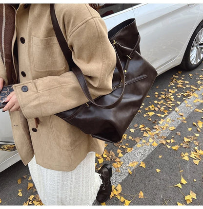 Tote Bag Designer Retro PU Leather Shoulder Handbag for Women Winter Trend Y2K Fashion Handbags Females Travel Luxury Tote Bags