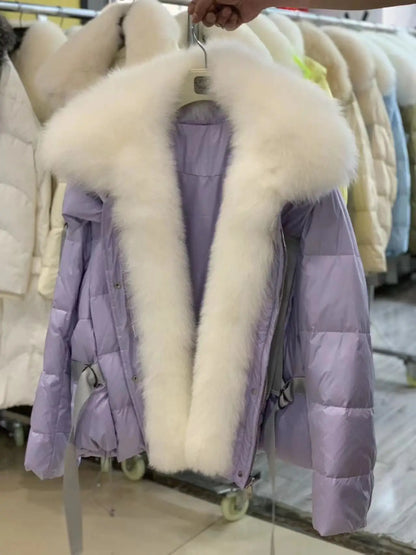 2024 Winter Women Warm Coat Oversized Real Fox Fur Collar Thick Luxury Outerwear New Fashion 90% Goose Down Jacket