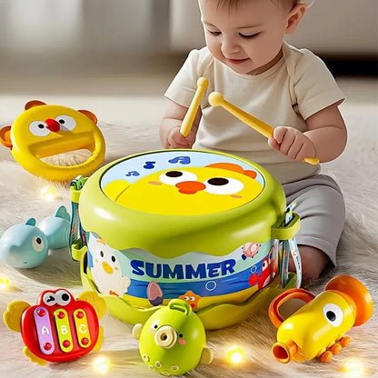Baby Musical Storage Drum with Percussion Instruments, Cartoon Early Educational Music Toy Toddlers Baby Shower Gift