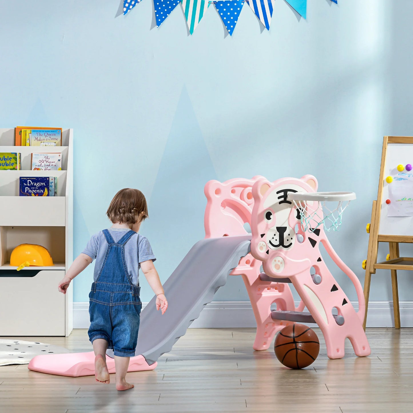 Children’s slide, indoor children’s slide, with a basketball hoop, tiger theme, for 18 to 36 months, pink