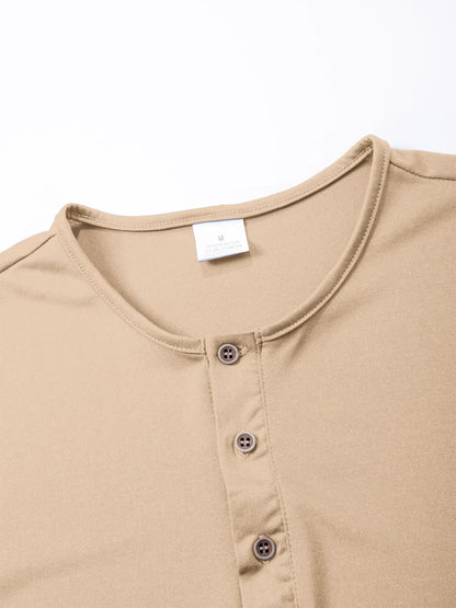 Men's Casual  Henry T Shirt Summer Brown Button Solid Color Polo Short Sleeve Breathable Comfortable Sports Loose T-shirt