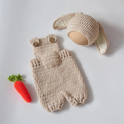 Cute Bunny Costume Newborn Photography Outfits Soft Knitted Rabbit Shape Hat and Jumpsuits with Carrot Clothes Baby Photo Props