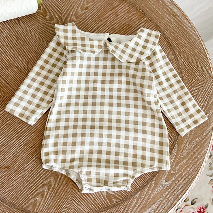 2024 New Spring Children Clothes Toddler Baby Girls Romper Long Sleeved Cotton Lattice Printing Infant Baby Girls Jumpsuit