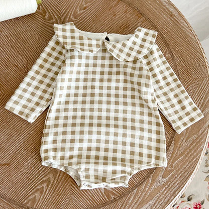 2024 New Spring Children Clothes Toddler Baby Girls Romper Long Sleeved Cotton Lattice Printing Infant Baby Girls Jumpsuit
