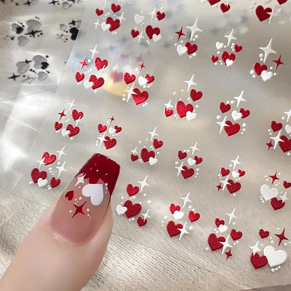3D Valentine's Day Love Heart Nail Art Sticker Red White Cross Stars Self-Adhesive Nail Decals 8*10cm Kawaii Heart Nail Sticker