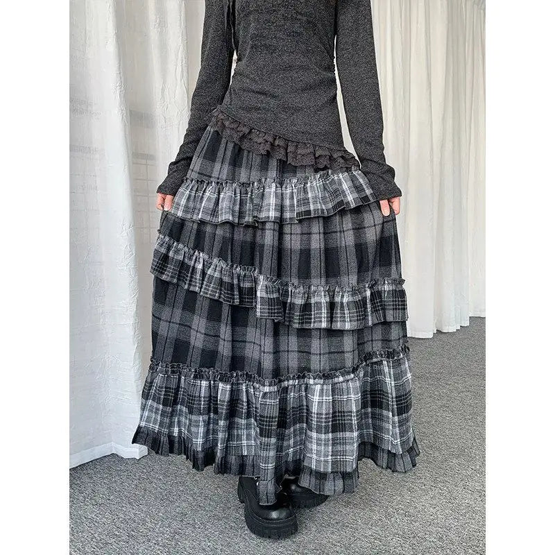 Y2k Vintage Long Skirts Plaid Ruffles Patchwork Harajuku Casual Loose Cake Skite Punk Gothic Streetwear All Match Women Clothing