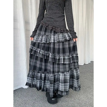 Y2k Vintage Long Skirts Plaid Ruffles Patchwork Harajuku Casual Loose Cake Skite Punk Gothic Streetwear All Match Women Clothing