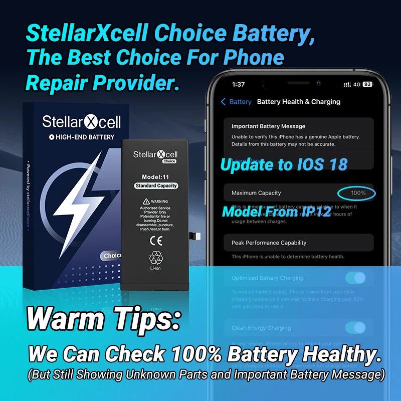 StellarXcell Choice Battery for iPhone 11 12 13 14 15 Mini Plus Pro Promax Original Capacity Replacement Bateria High Quality