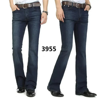 Male Bell Bottom Denim Trousers Slim Black Boot Cut Jeans Men's Clothing Casual Business Flares Pants