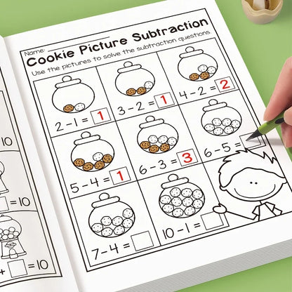 32-Page Interactive Math Learning Workbook with Addition & Subtraction Worksheets, Crossword Puzzles, Colorful Math Activities