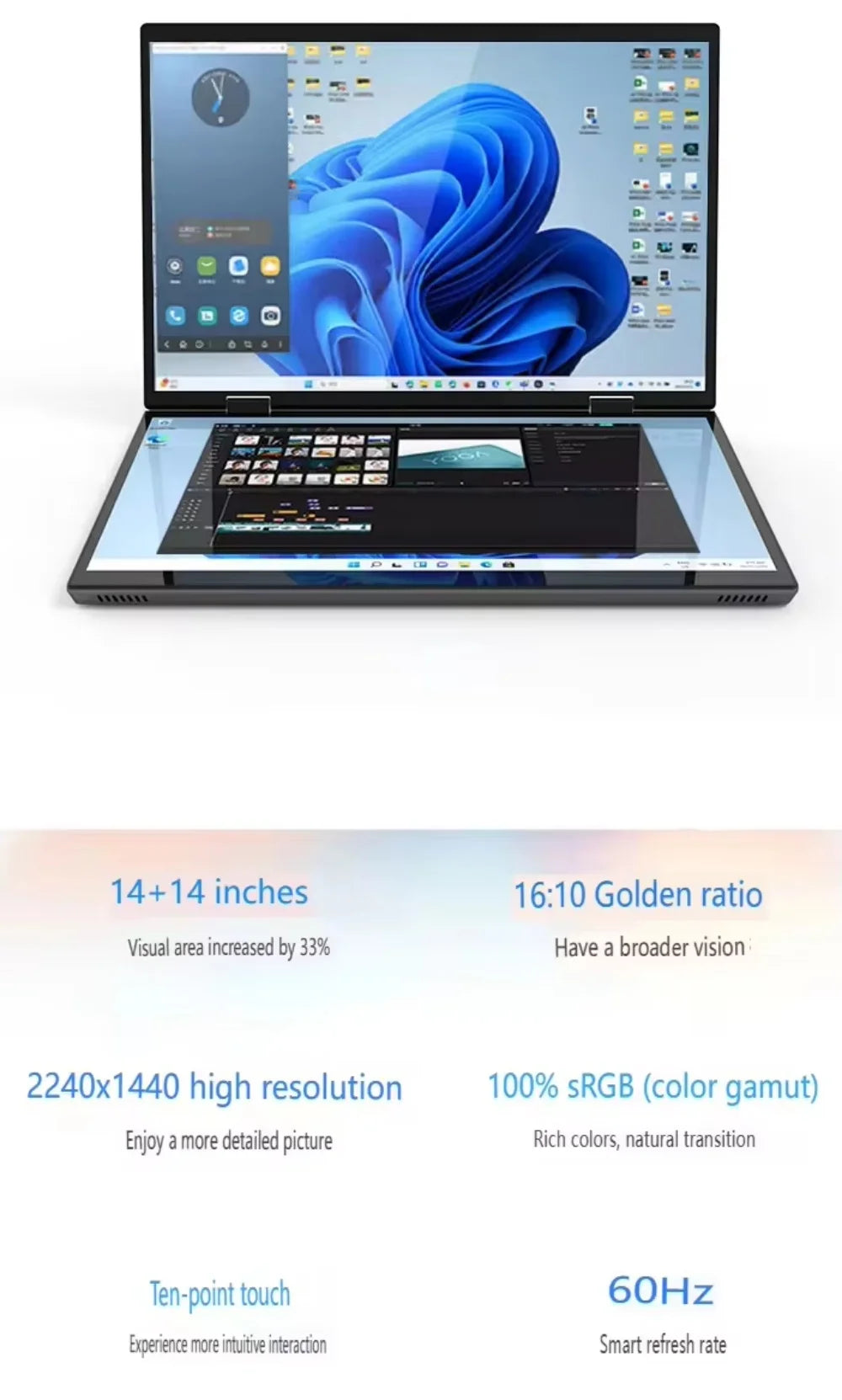 Intel N150 N100 CPU Dual Screen Laptop 14"+14 " 2K Touch Screen Notebook 32GB 360 Degree Flip Metal Case 2 in 1 Laptop Computer