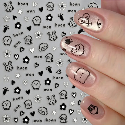 12pcs/set Cute Cartoon Dog/Cat Nail Art Stickers 3D Graffiti Black Cat Dog  Nail Decals 8*10cm Self-Adhesive Cartoon Nail Art Su