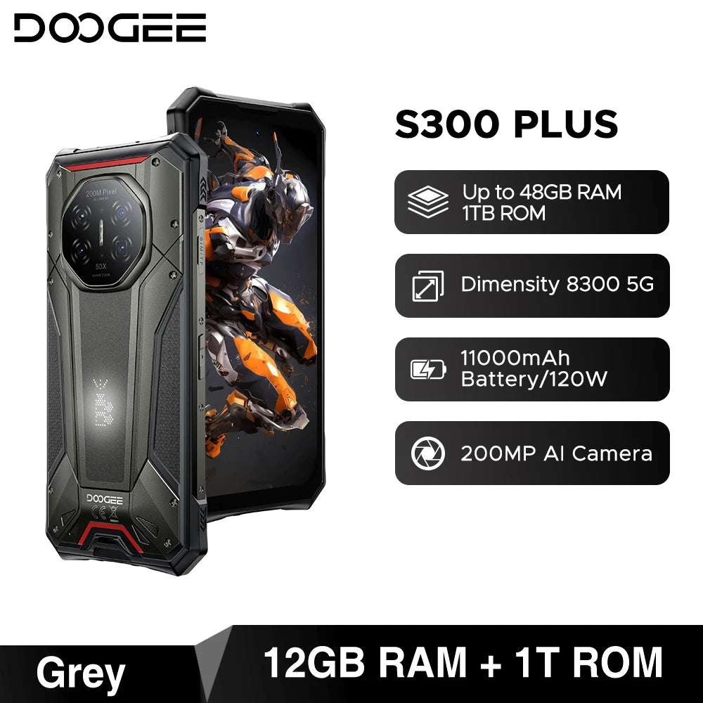 DOOGEE S300 Plus 5G Rugged Phone Dimensity 8300 12GB 1TB 11000mAh 120W 6.78'' Screen 200MP Camera Android 16 Smartphone NFC