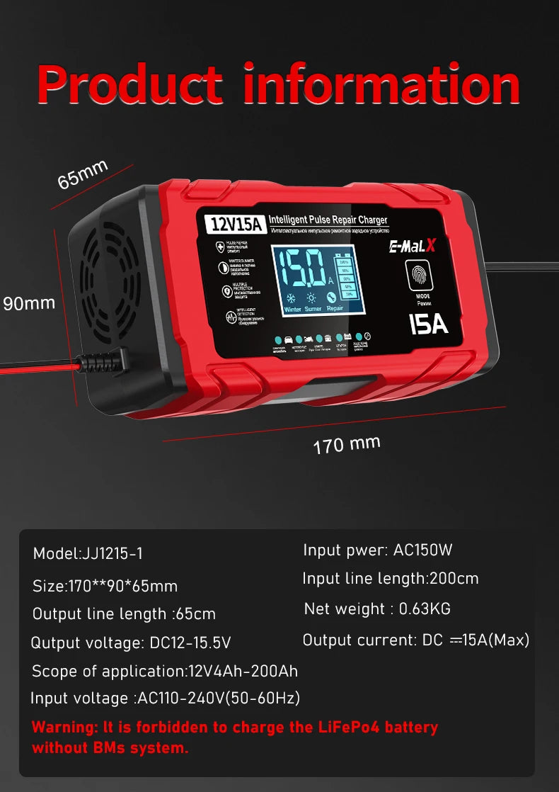 14.6V 15A Lifepo4 Battery Smart Pulse Repair Charger 12V 15A 24V 8A Electric Motorcycles Charger For Lead Acid AGM GEL Battery