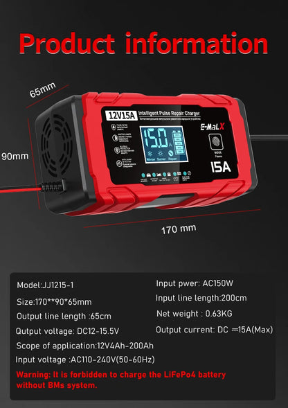 14.6V 15A Lifepo4 Battery Smart Pulse Repair Charger 12V 15A 24V 8A Electric Motorcycles Charger For Lead Acid AGM GEL Battery