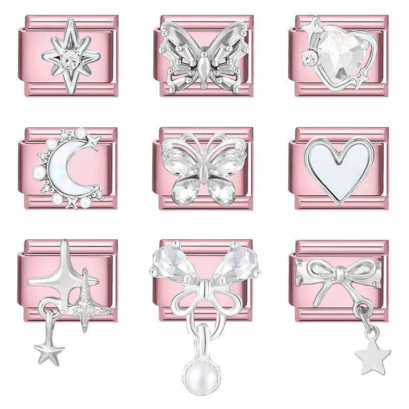 Pink Color Y2K Butterfly Star Bow Rabbit Heart Pendant Italian Charm Links Fit 9mm Stainless Steel Bracelet DIY Making Gifts