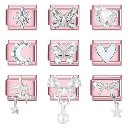 Pink Color Y2K Butterfly Star Bow Rabbit Heart Pendant Italian Charm Links Fit 9mm Stainless Steel Bracelet DIY Making Gifts