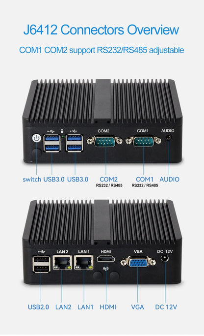 XCY Fanless Mini PC Intel Celeron J6412 N5095 2x GbE LAN 2x RS232 HDMI VGA WiFi 4G LTE Windows 10 Linux Industrial Computer