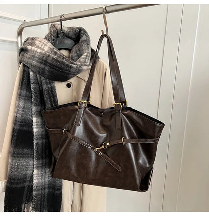 Tote Bag Designer Retro PU Leather Shoulder Handbag for Women Winter Trend Y2K Fashion Handbags Females Travel Luxury Tote Bags
