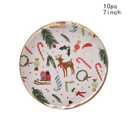 2026 Christmas Party Disposable Tableware Cartoon Bronzing Deer Pattern Plates Cups Santa Claus Napkin Merry Christmas Supplies