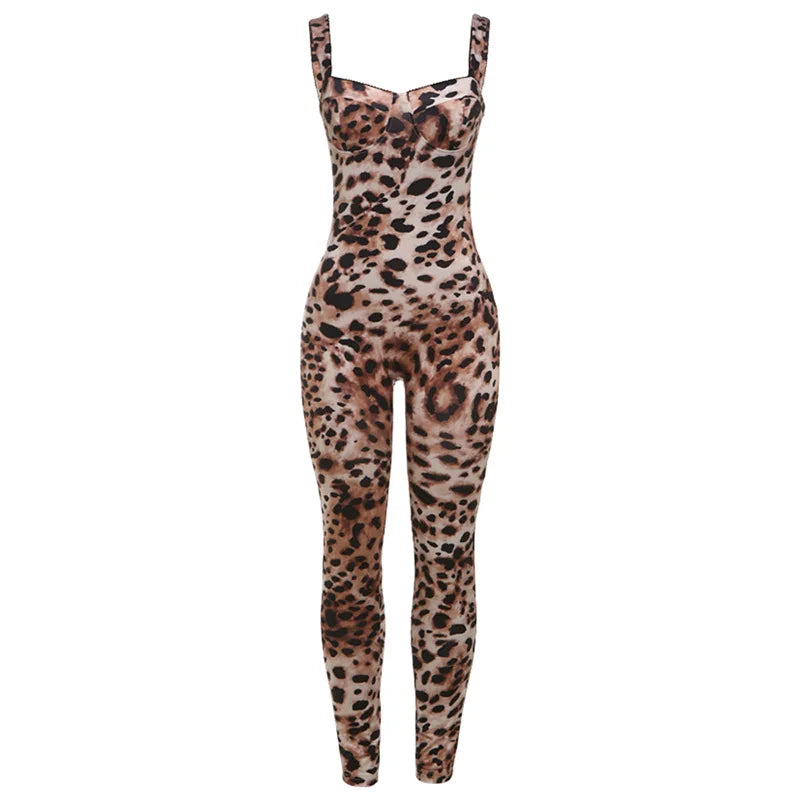 VEITCHE Leopard Printed Women Summer Jumpsuits Sexy Hot Popular Low Neck Spaghetti Strap Skinny Overalls Female Trend Midnight
