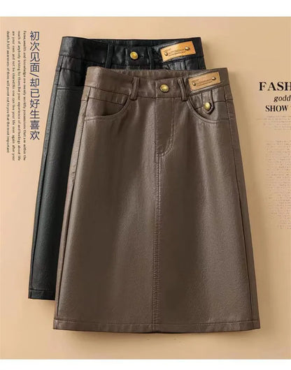 Spring Autumn Winter Leather Skirt Women New Fashion Black Brown High Waist PU A-Line Skirts Large Size S-5XL Female Midi Skirts