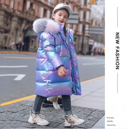Winter Girls Shiny Hooded Down Jacket Fur Collar Windproof Coat Teenage Outerwear Kids Parka Snowsuit Clothing New 5-14 Years