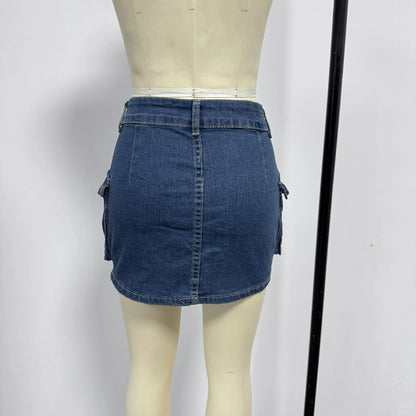 Streetwear Solid Color Cowboy Tight Skirts Women Fashion Pocket Design Sense Package Hip Slim Denim Mini Skirt Female Spring New