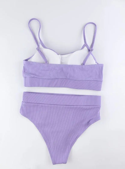 Cikini-Solid High Waist Bikinis Set for Women, Small Pit Stripe Swimsuit, Summer Beach Swimwear, Bathing Suit