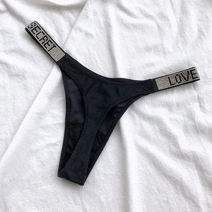 Low Waist Sexy Women Thongs Panties Rhinestones letter Diamonds G String Sports Thong Shorts Briefs T-back Fitness Size S-XL