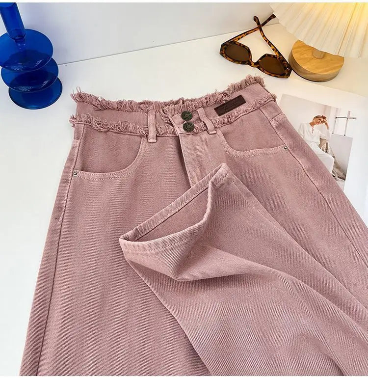 Korean Style Pink Jeans Women Spring Autumn High Waist Raw Edge Straight Denim Pants Simple Gentle All-matched Wide Leg Pants
