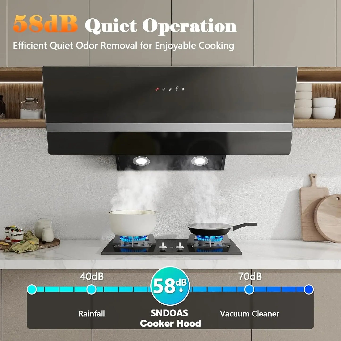 90cm Wall Hood, A+++ Energy Class, 400 m³/h, Touch Control, LED Light, Black Stainless Steel/Glass, Quiet 58 dB‌