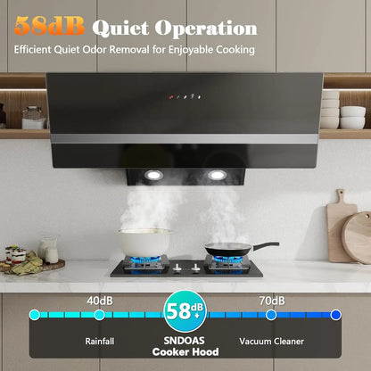 90cm Wall Hood, A+++ Energy Class, 400 m³/h, Touch Control, LED Light, Black Stainless Steel/Glass, Quiet 58 dB‌