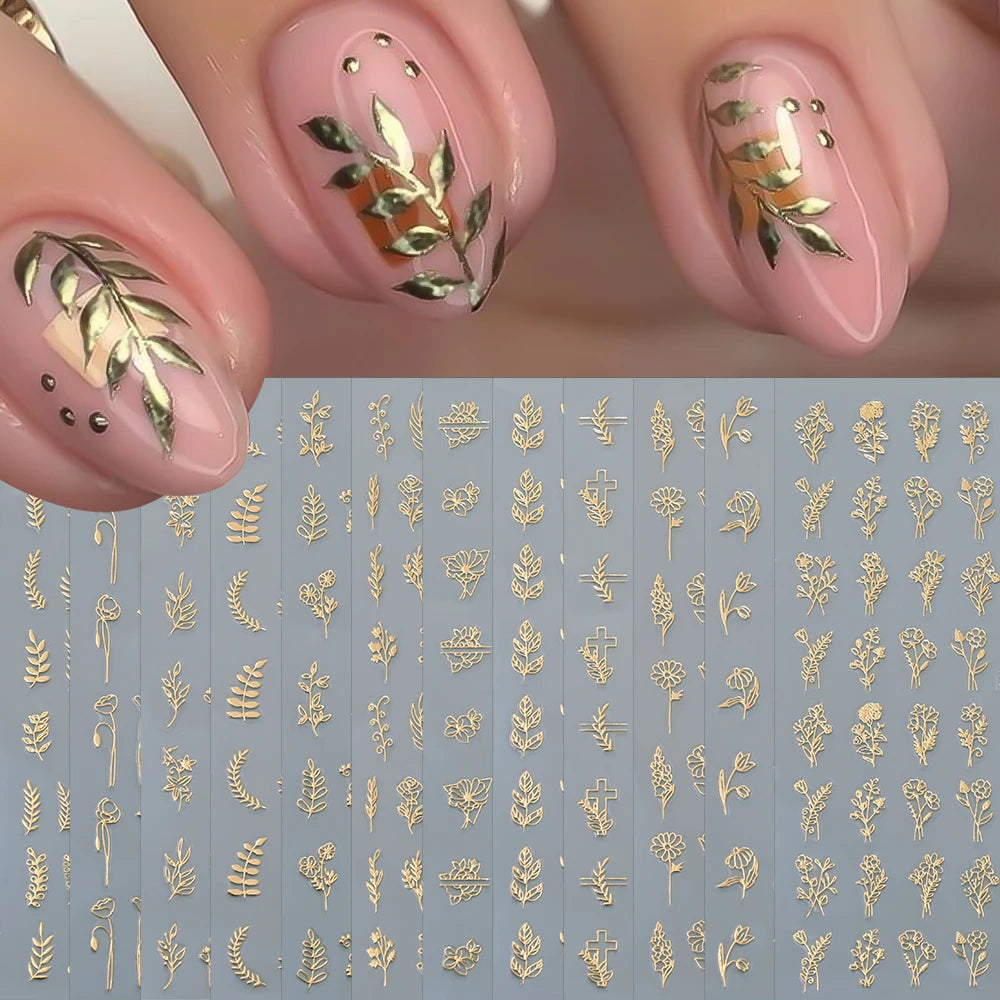 12Pcs 3D Gold Exquisite Flower Leaf Nail Art Stickers Metallic Floral Leaves Self-Adhesive Nail Decals DIY Retro Manicure Decor