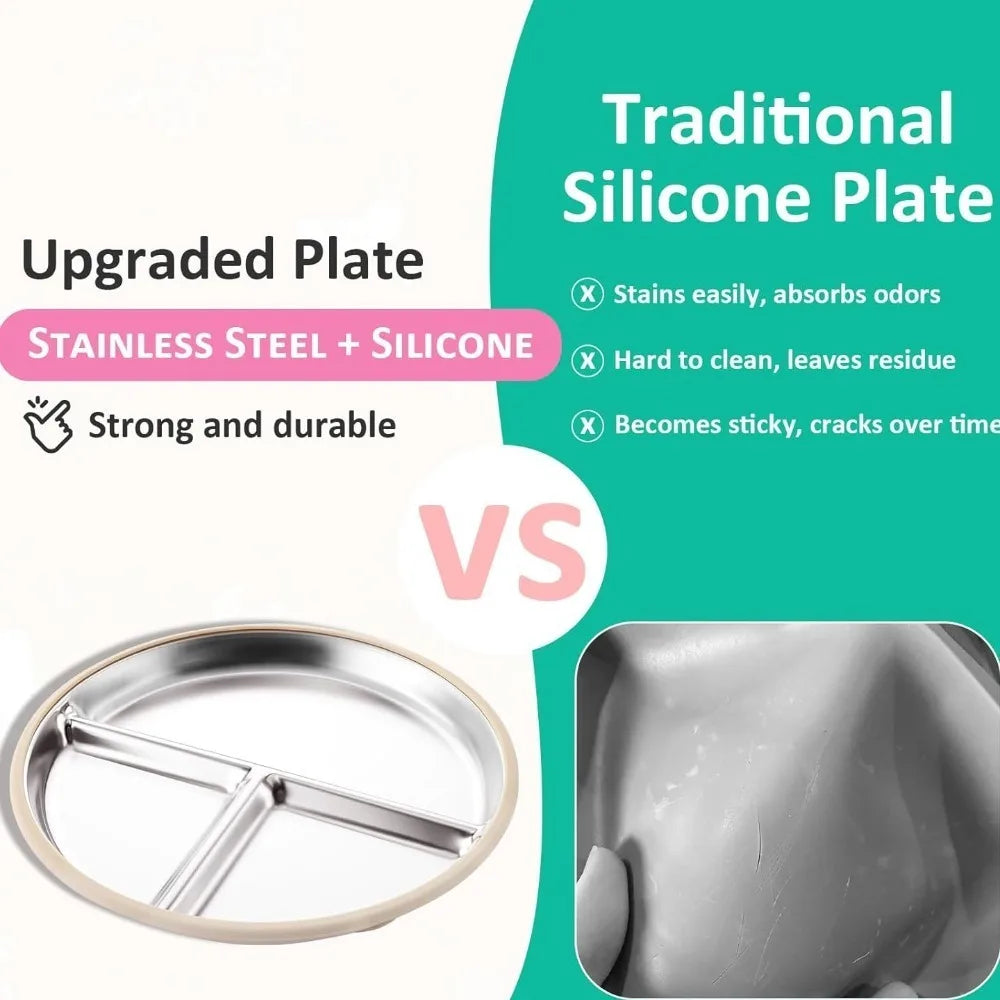 New Non-Slip Stainless Steel Kids Plate with Suction Anti Breakage Divided Baby Plates Silicone Sleeves Removable Toddler Bowls