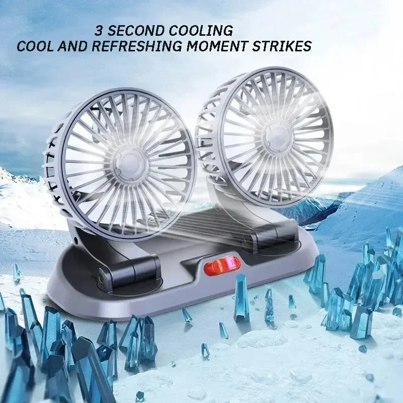 EAFC 5V 12V Car Fan Dual Head Air Cooling Fan 360° Adjustable USB Mini Protable Auto Air Fan Low Noise Car Accessories