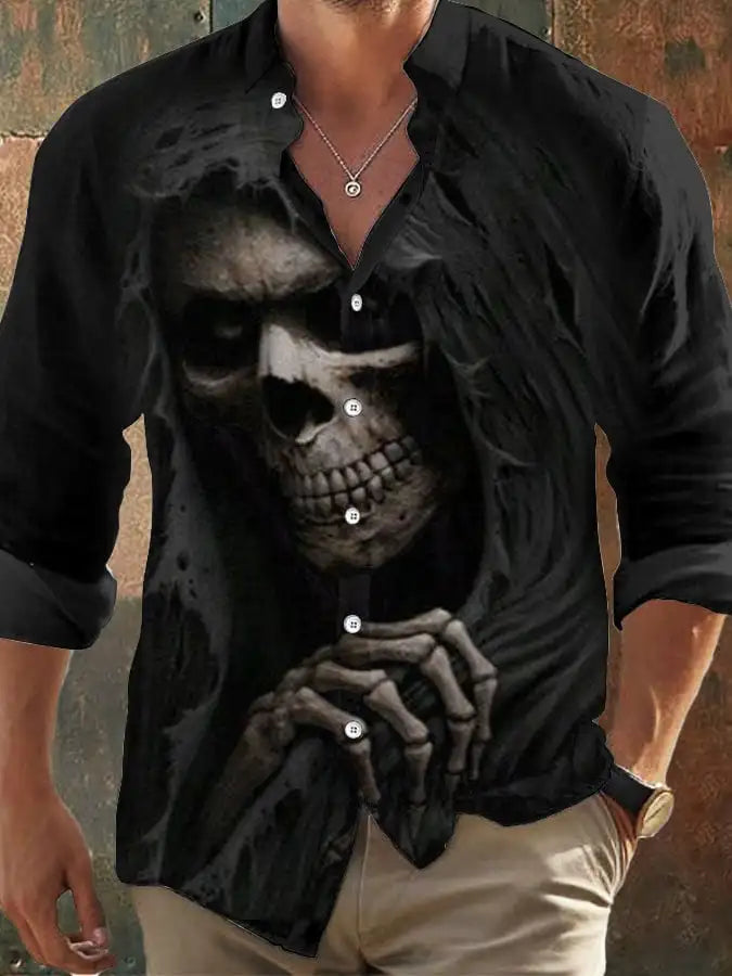 Halloween Men's Dark Skull Prints Casual Long Sleeve Shirt-Vintage Skull Floral Print,Regular Fit,Lapel Collar, Polyester Blend