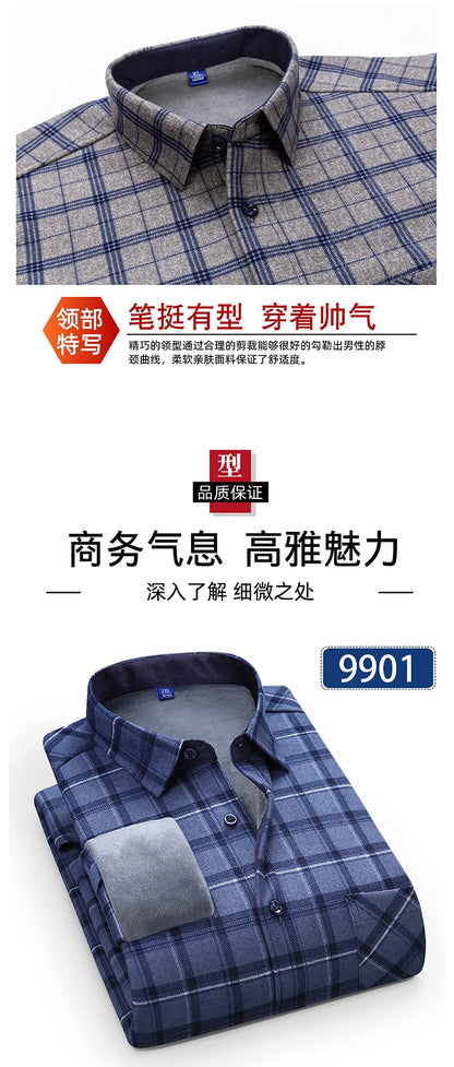 Autumn Winter Thicken Fleece Shirts For Men Business Plaid Shirt Long Sleeve Warm Clothes Male Single Pocket Classic Check Shirt